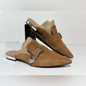 LINEA PAOLO Tan Suede pointed toe Mules with Silver Buckle size 7